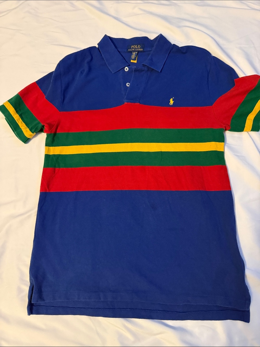 Boys Polo by Ralph Lauren Blue Polo with Red, Green & Yellow Stripes